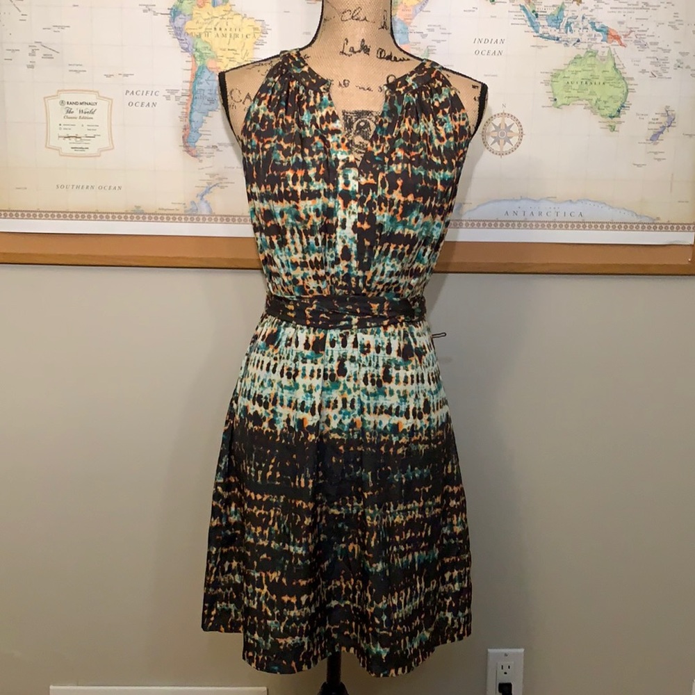 Patterned Midi Dress with Belt/Waist Tie